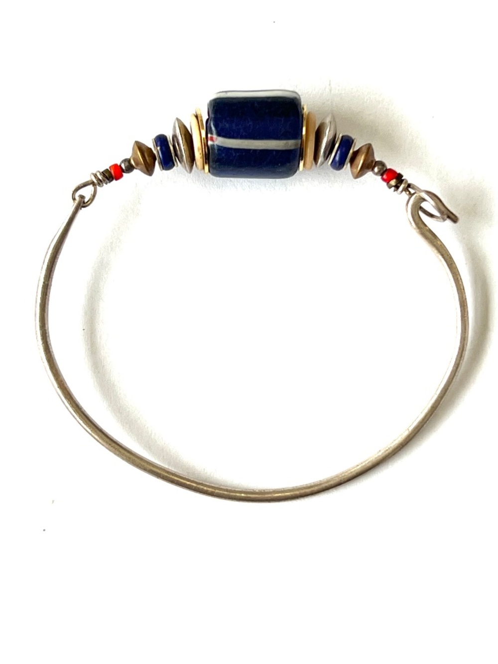 Vintage Artisan Silver Bangle Bracelet Blue White Glass Beads